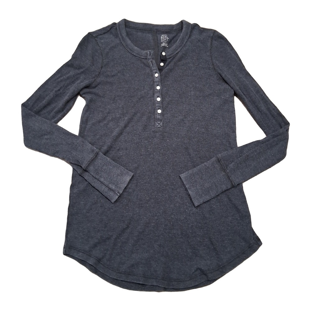 Aerie Real Soft Ribbed Henley Top Charcoal Gray Long Sleeve Curved Hem Small